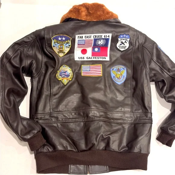 Men's Cockpit Aviator Leather Bomber Jacket with Patches L Large - Picture 6 of 16